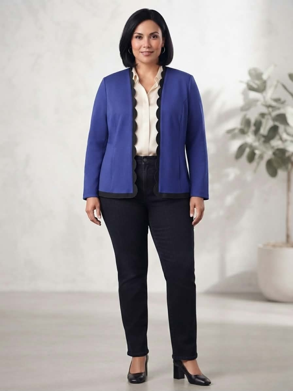 Anthony Richards Blue Scalloped Open-Front Blazer Jacket Size 14
